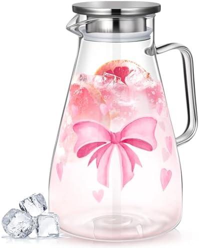Domensi 74 oz / 2200 ml Glass Pitcher with Lid Water Pitcher with Handles Beverage Water Jar Glass Jug Hot and Cold Resistant Carafe for Tea Juice Milk Coffee Iced Beverage (Pink Bow)