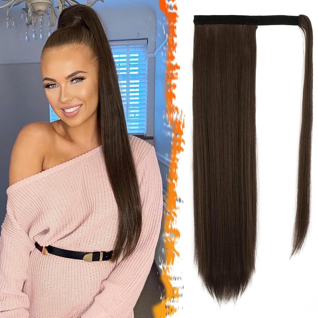 BARSDAR Chocolate Brown Straight Wrap Ponytail Extension - 26 Inch Long Straight Wrap Around Ponytail Hair Extensions for Women, Synthetic Clip in Brown Pony Tails Hairpieces Daily