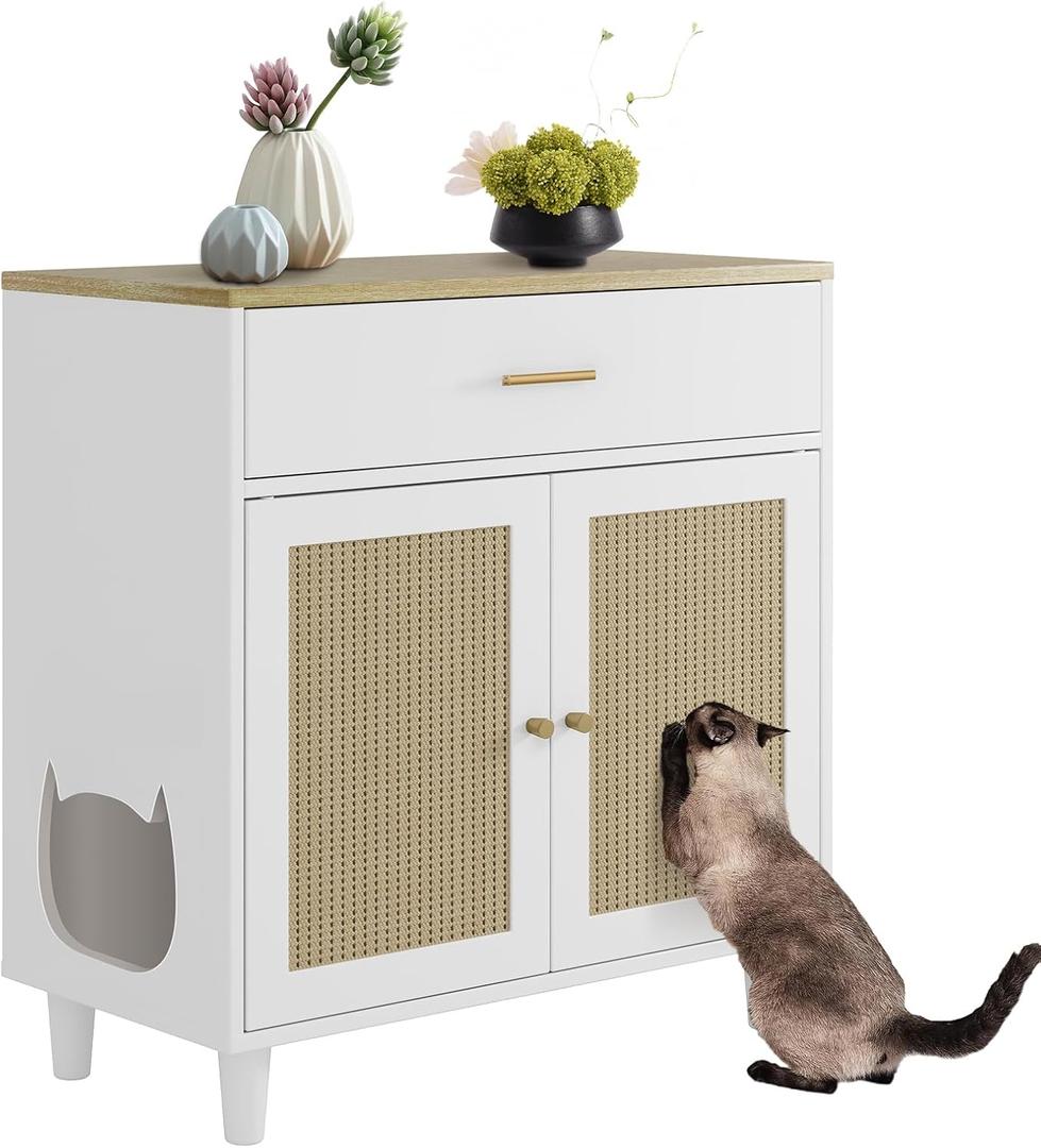 Hidden Cat Litter Box Furniture with Storage Drawer, Wood Cats Litter Enclosure Cabinet with 2 Sisal Doors, Hidden Enclosed Kitty Litter Box Cabinet Dog Proof for Living Room White