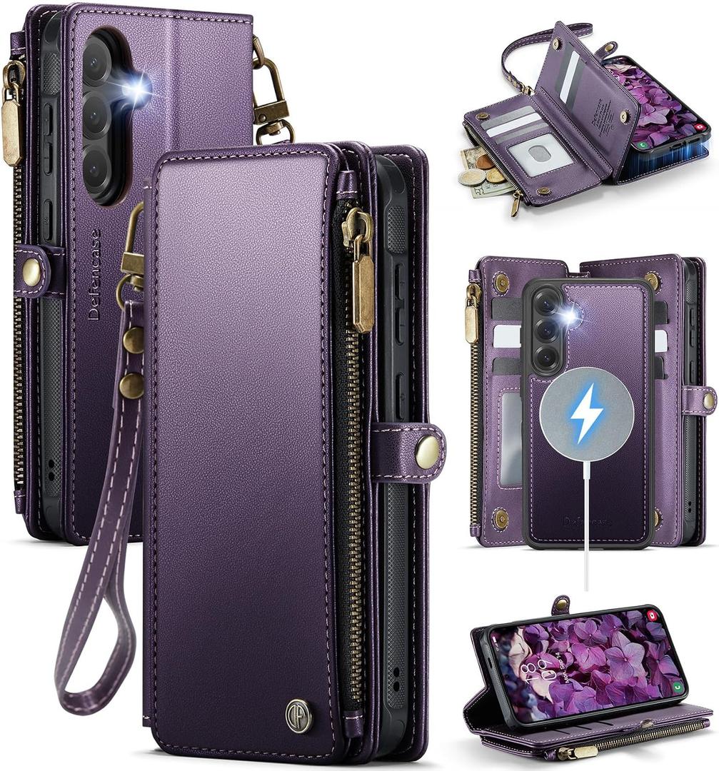 Defencase for Galaxy S24 FE Magnetic Wallet Case Compatible with Magsafe RFID Blocking Zipper Card Holder for Women Men PU Leather Strap Detachable Case for Samsung Galaxy S24 FE 5G 6.7", Purple