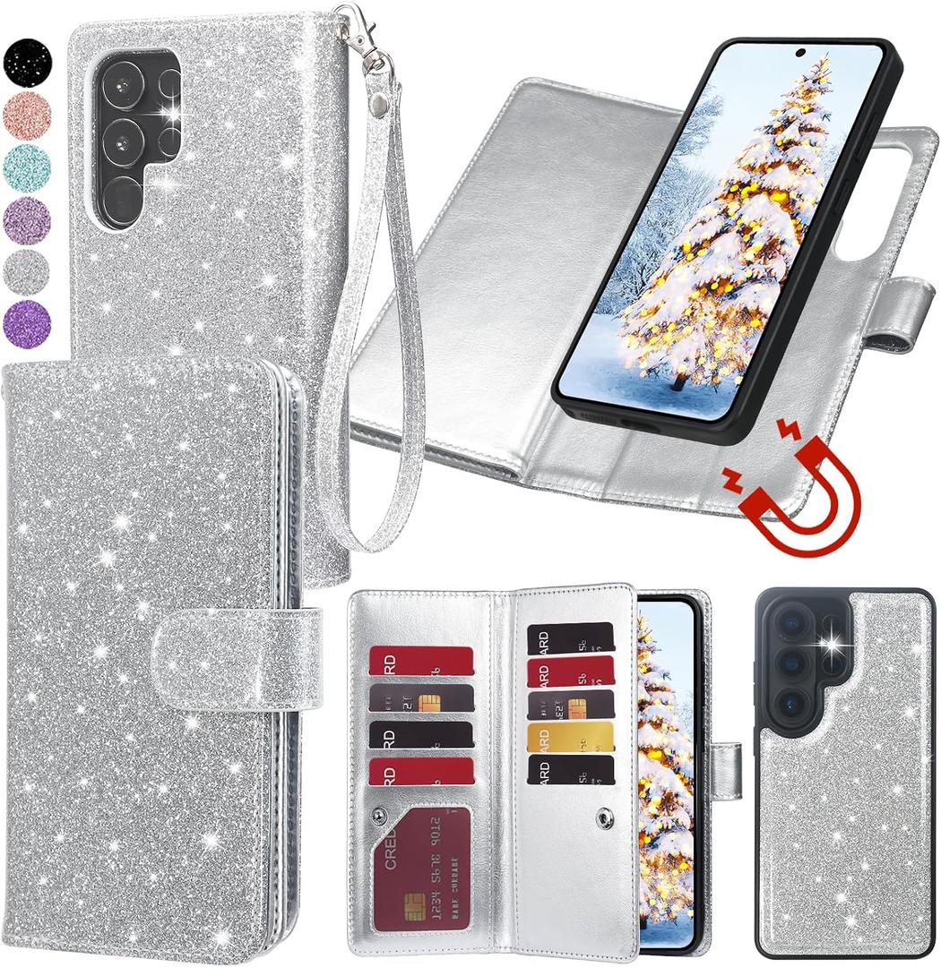 Varikke for Galaxy S26 Ultra Wallet Case Detachable with RFID Blocking Card Holder for Women, Glitter Leather Strap Magnetic Flip Removable Phone Case for Samsung Galaxy S26 Ultra 6.9", Silver