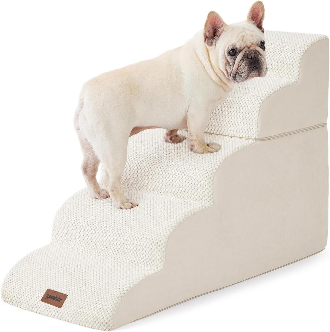 ZOMISIA Dog Stairs for High Beds - Pet Stairs Ramp for Couch, 35D Foam Dog Steps for Small to Large Pets, with Non-Slip Bottom Beige, 5 Steps