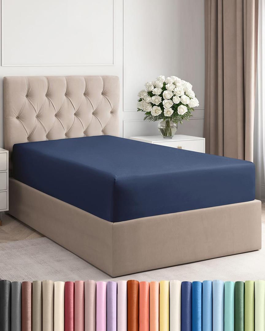 Twin Fitted Bed Sheet - Bottom Single Fitted Sheet Only - Ultra-Soft Hotel Luxury Bedding w/ 8-16 Inch Deep Pockets - Breathable, Cooling & Wrinkle Free - Easy-Fit, Fade & Shrink Resistant - Navy Blue