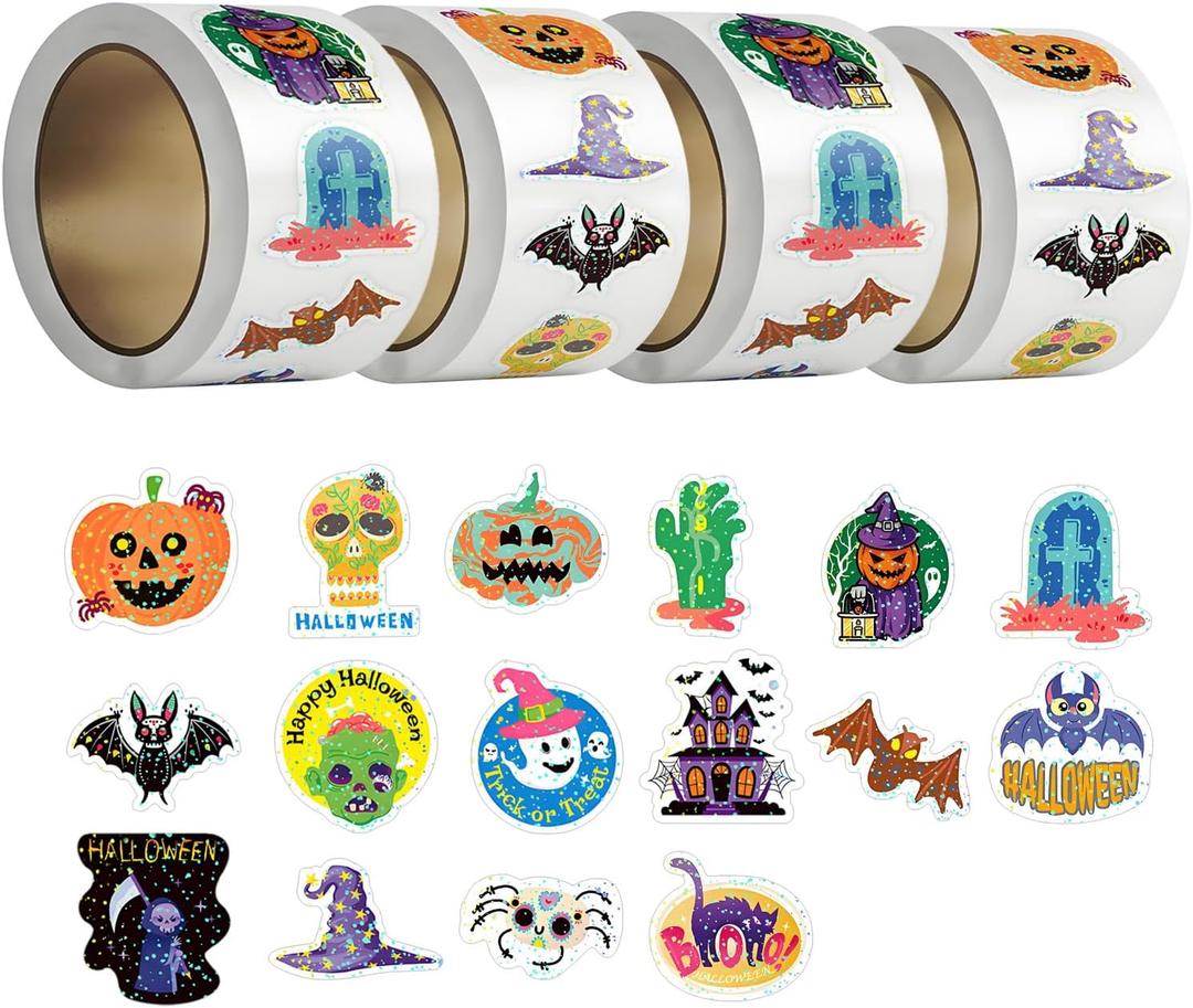 4 x 1000Pcs Teacher Reward Stickers, 4Rolls Pumpkin Ghost Halloween Theme Sticker for School Classroom Halloween Party Favors Supplies, Goody Bag Stuffers(1.5 Inch)
