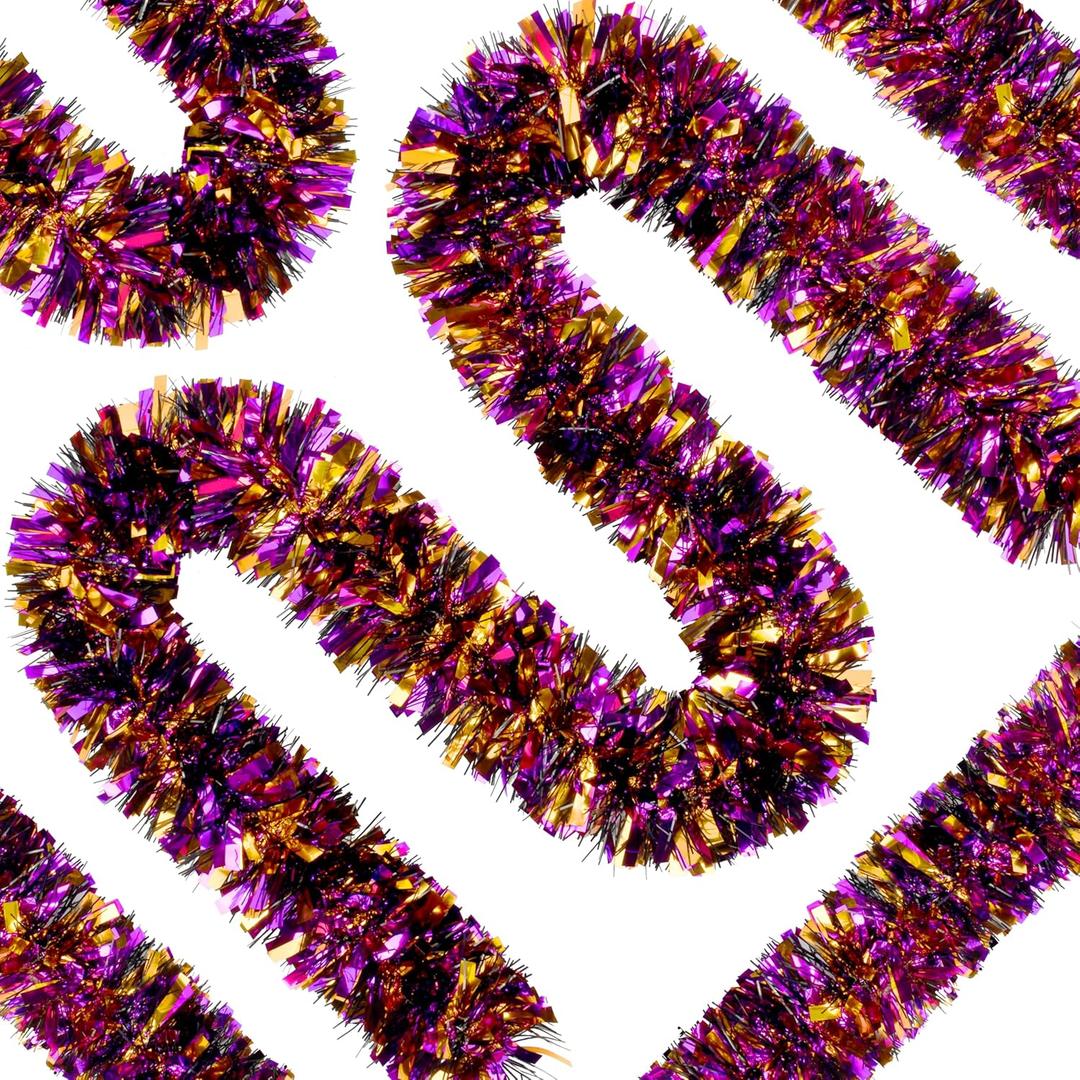 66 Ft Halloween Tinsel Garland, Mixed Color Glitter Tinsel Garlands Metallic Twist Hanging Streamers Decoration for Halloween Party Home Indoor Outdoor Decor Supply (Orange, Purple, Black)