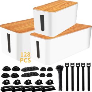 YUANYE Cable Management Box Cable Management Kit for Power Strip to Hide Wires,Cord Organizer Boxes,Safe ABS Material Wire Organizer of Cable Clips Sleeve for Home & Office,3Pack128PCS/White