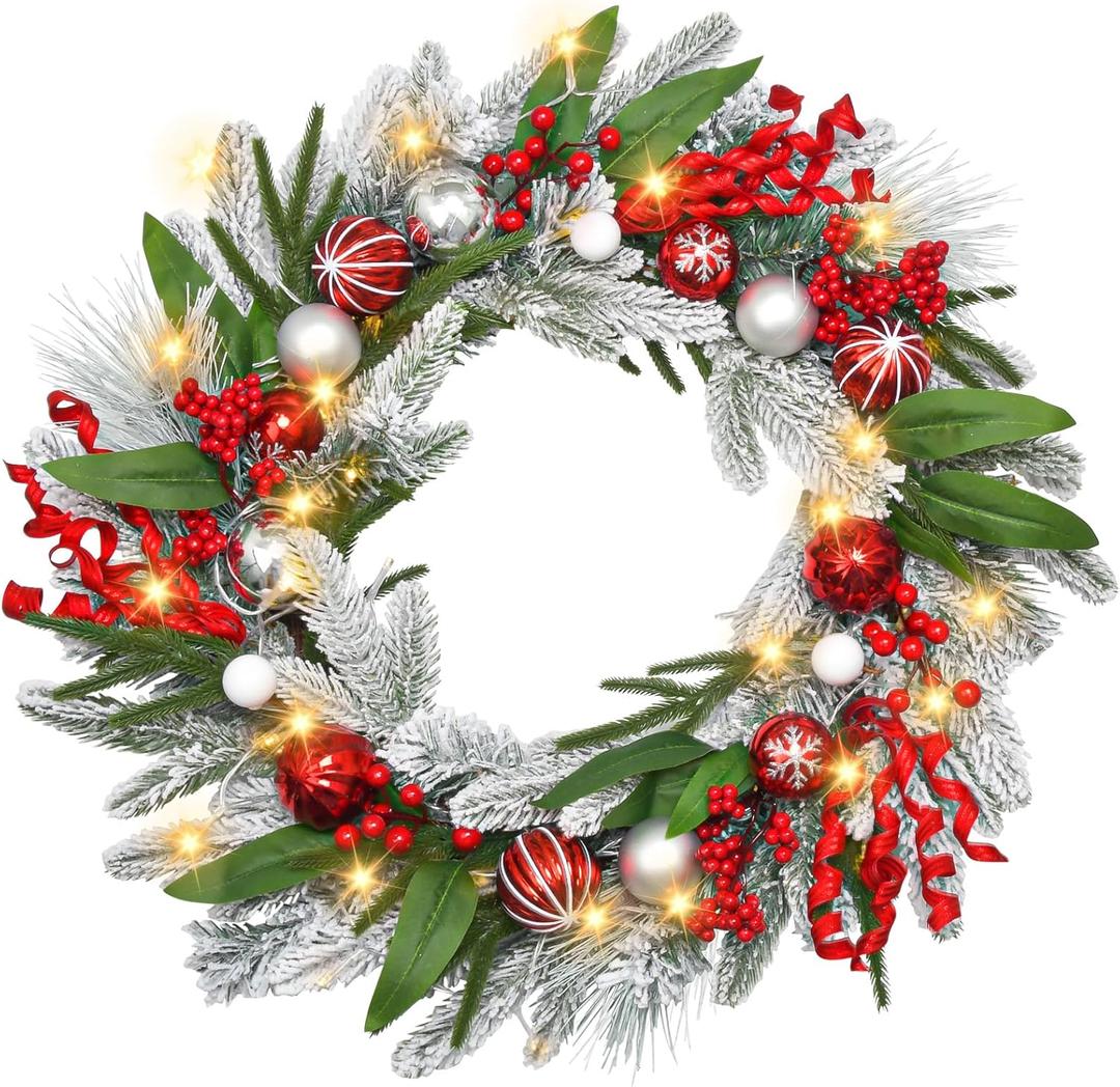Christmas Wreath with Lights,22-24In Large Christmas Wreaths for Front Door,Battery Operated,Red Berrie,Ball Ornaments and Pine Branch for Door Window Wall Christmas Decoration