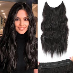 Halo Hair Extensions 20 Inch Invisible Wire Hair Extensions Adjustable Long Wavy Hairpiece Synthetic Upgrade 4 Secure Clips in Hairpieces 20 Inch,Pure Black