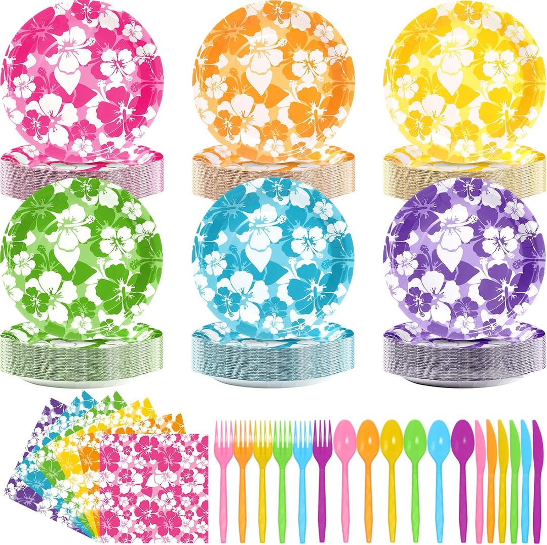 Nitial 240 Pcs Hibiscus Party Plates Napkins Hawaiian Theme Tableware Set for Luau Table Decorations Supplies Tropical Dessert Plates Forks for Aloha Summer Beach Party, Serve 48 Guests