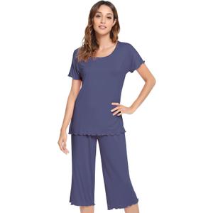 NACHILA Pajamas for Women-Viscose Made from Bamboo,Short Sleeve Sleepwear Cooling Pjs Top with Capri Pants Pajama Sets (Medium, A-blue Indigo)