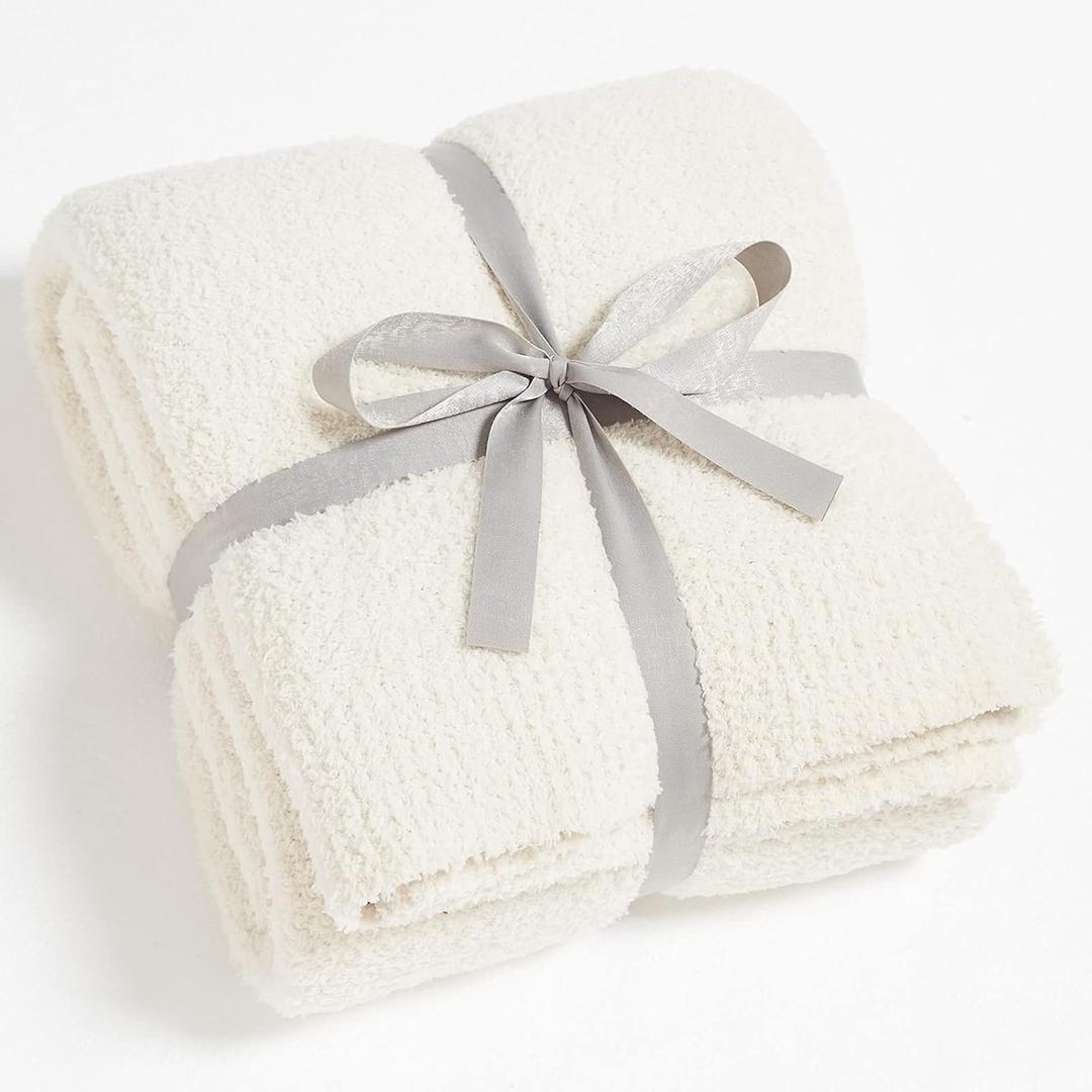 CYMULA Knit Throw Blanket for Couch Cream White - Super Soft Lightweight Plush Fuzzy Fluffy Cozy Blankets and Throws for Sofa Bed, 50 x 60 inches
