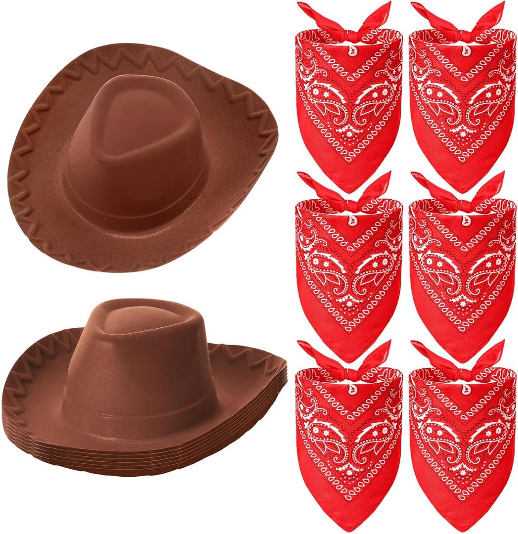 Hillban 12 Pack Cowboy Hat and Bandana, Cowgirl Hats Felt Cowboy Party Hats Bulk Western Bandanas for Party Costume (Brown)