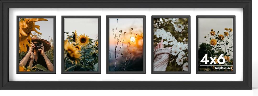 iRahmen 4x6 Collage Picture Frame with Tempered Glass - Wood Photo Frames Display Five 4 x 6 Pictures with Mat, Home Decor Wall Mount, Black, Five 4X6 in