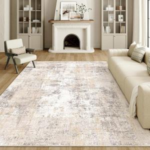 8x10 Washable Area Rug Beige Grey Neutral Abstract Living Room Bedroom Large Throw Rug Non Slip Soft Low Pile Indoor Floor Carpet for Dining Room Kitchen Office Entryway
