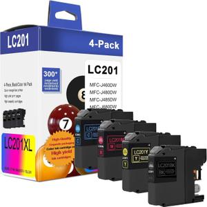 LC201 (LC-201) Color (BK/C/M/Y) Ink Cartridge 4-Pack (Includes 1 LC201BK, 1 LC201C, 1 LC201M,1 LC201Y) - LC203 Ink Cartridge Replacement for Brother MFC-J460DW MFC-J480DW MFC-J485DW MFC-J880DW Printer