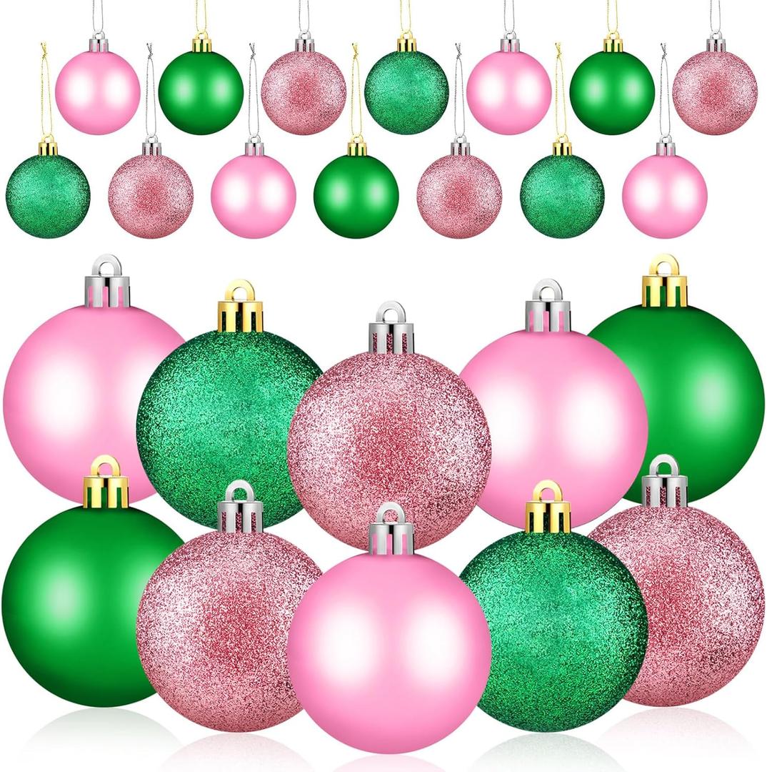 Simgoing 24 Pcs Pink Green Christmas Tree Ornaments 2.4 in Witch Christmas Balls Tree Decoration Princess Birthday Party Decor Witch Movie Accessories for Holiday Pastel Xmas Mantel Home Decor