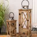 TIMRIS Large Farmhouse Wooden Candle Lantern Set of 2, Rustic Floor Candle Lanterns with Drawer, Vintage Hurricane Lantern Holder for Indoor Outdoor Decor (No Glass)