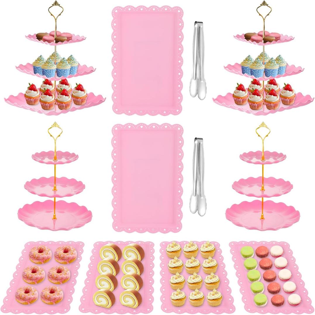 12 Pcs Cake Stand, Dessert Table Display Set, 4 Pcs 3 Tier Cupcake Stand Tower Holder and 6 Pcs Serving Tray and 2 Tongs for Tea Party Baby Shower Birthday, Pink