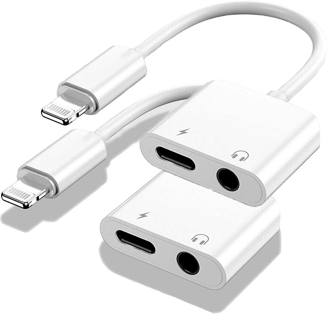 Apple MFi Certified 2-in-1 Lightning to 3.5mm Headphone Jack Adapter,Fast Charger&Aux Audio Splitter Dongle for iPhone-Car AUX,Home,Gym,Travel,Compatible with iPhone 14/13/12/11/XR/X/8/7,2Pack,White