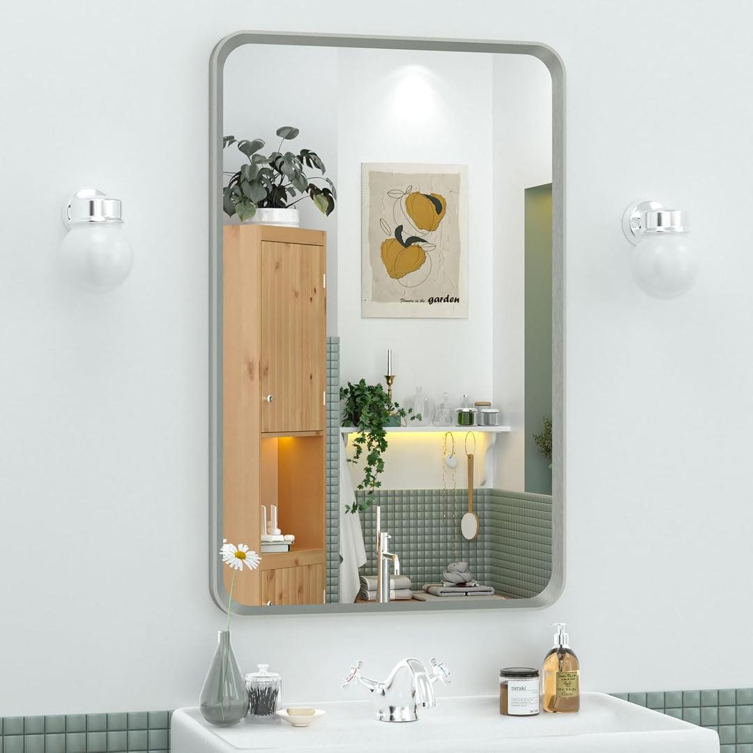 OKPAL 16 x 24 Inch Silver Bathroom Mirror, Rounded Rectangle Silver Vanity Mirror, Beveled Brushed Nickel Framed Mirror for Wall, HD Glass, Anti-Rust Aluminum Alloy Mirror