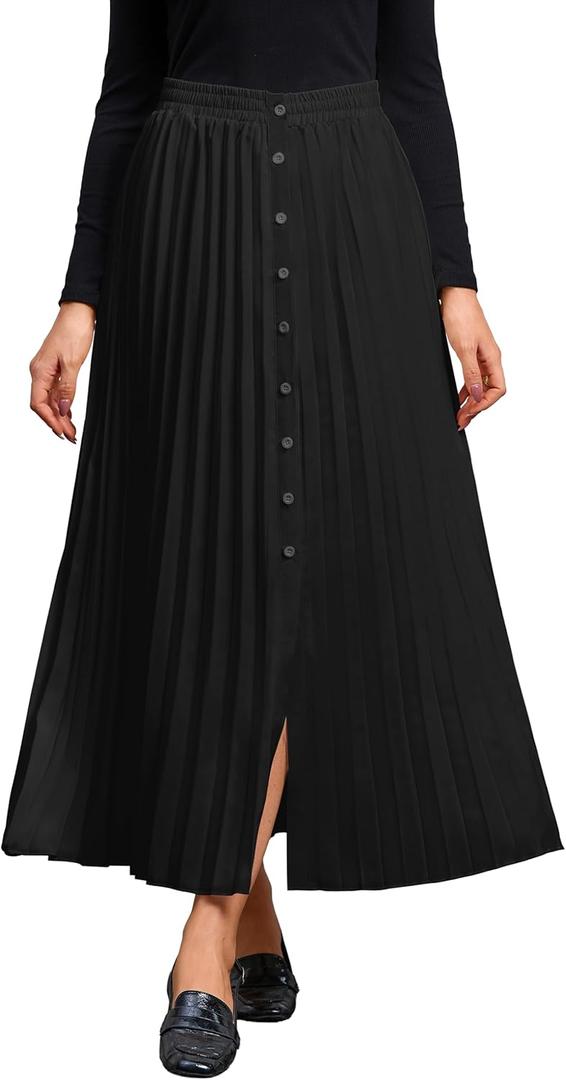 MAKABO Women's Maxi Pleated Skirt with Pockets, High Waisted A Line Long Skirts Button Down Business Casual Outfits