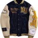 GORGLITTER Men's Letter Graphic Varsity Jacket Long Sleeve Striped Trim Button Bomber Jackets Apricot and Dark Blue,  Large