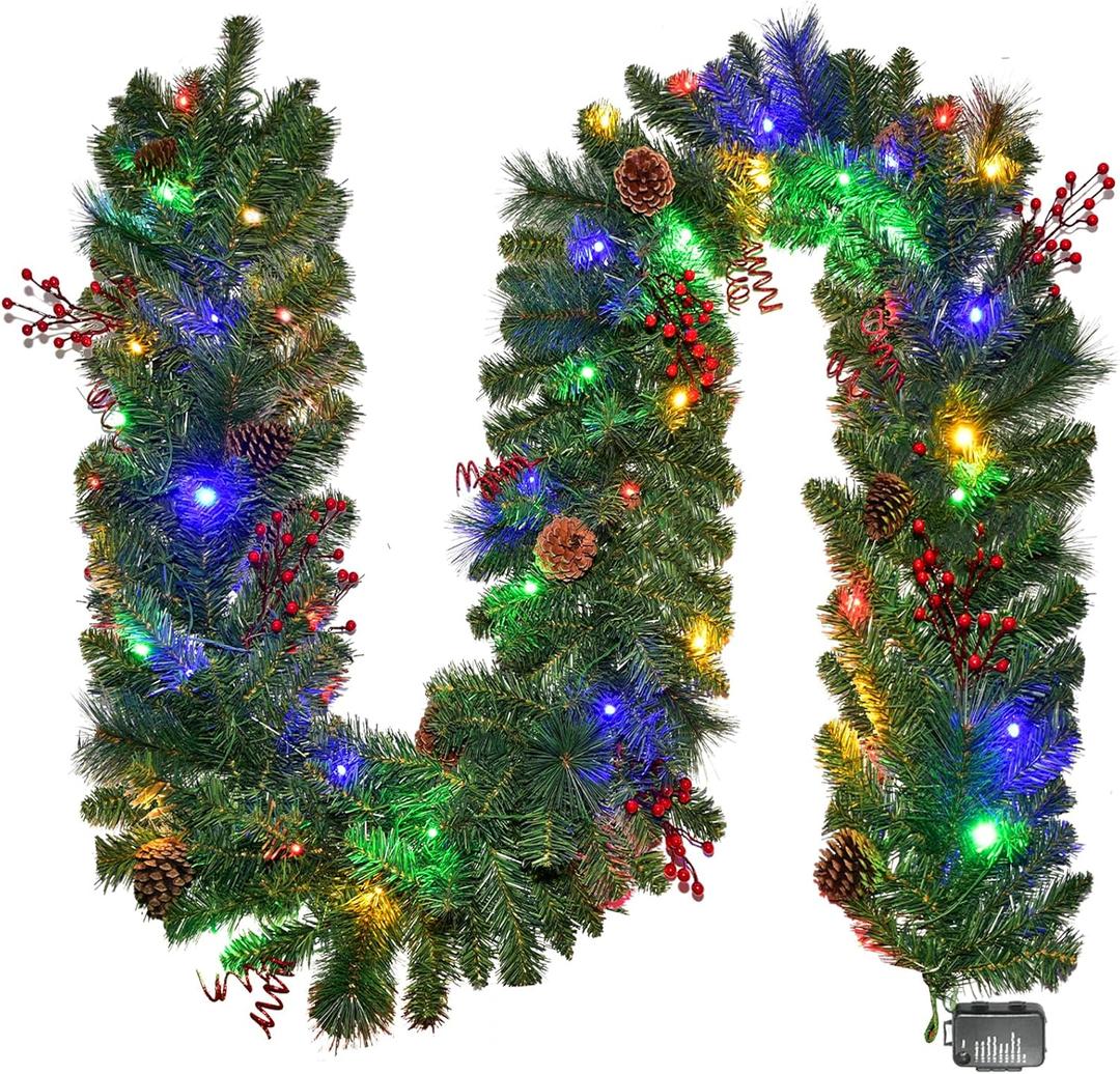 Christmas Garland with Lights 9FT, Lighted Christmas Garland Battery Powered 8 Lighting Modes, 50 LED Lights Garland, Red Berry, Christmas Pine Cone, for Stairs, Front Door, Christmas Decor