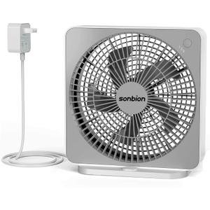 10 Inch Box Fan, Small Window Fan, Quiet Electric Fan with Three Speeds, Square Desk Fan for Home Office Room Apartment, 1.7LB Lightweight, DC Adapter Plug Powered, One Button Control Design