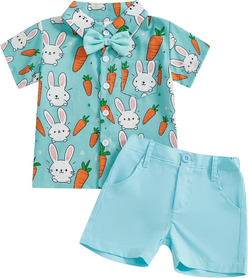 Ledy Champswiin Toddler Boy Easter Outfit Short Sleeve Button Down Shirt Summer Baby Boy Clothes Cute Shorts Set (3-4T, Blue Rabbit)