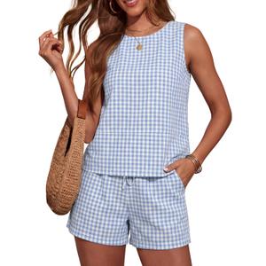 LOMON Women's Trendy 2 Piece Outfits Shorts Sets Summer Crew Neck Sleeveless Tank Top and Bottom Matching with Pockets 2026 (Medium, Light Blue & White Checkered)