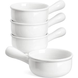 LE TAUCI French Onion Soup Bowls, 15 Ounce Ceramic Soup Bowls with Handles, for Chili, Beef Stew, Oven Microwave Dishwasher Safe, Set of 4, White