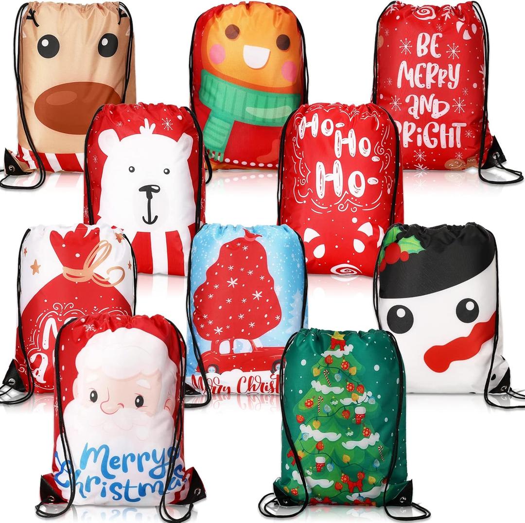 Shappy 10 Pieces Christmas Backpack Christmas Drawstring Bags, 15.7 x 13.7 Inch Large Gift Doll Backpack Drawstring Santa Xmas Goodies Treat Bags for Party Favor Supplies