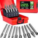 Carbide Burr Set 1/ 4" (6.35mm) Shank – 10 Pcs Double Cut Die Grinder Bits for Milling, Carving, Engraving, Deburring, Drilling, Hard Wood and Metals – Tungsten Carbide Drill Bit Set for Rotary Tools