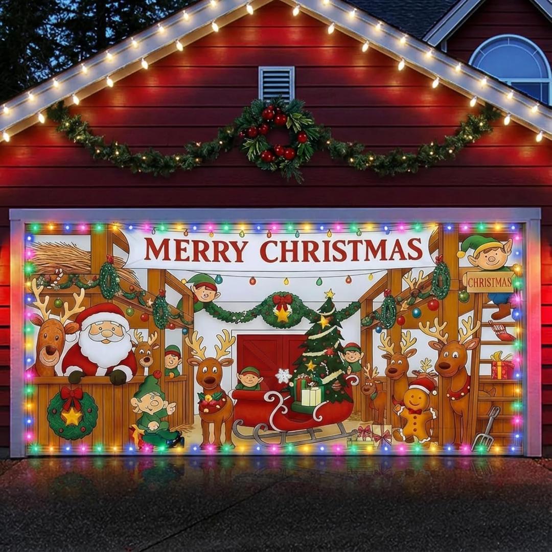 VitalCozy 6x13 ft LED Christmas Santa Claus Reindeer Barn Garage Door Cover Large Lighted Xmas Elk Garage Door Banner Backdrop Decor Outdoor Indoor Hanging Merry Christmas Holiday Party Mural Decor
