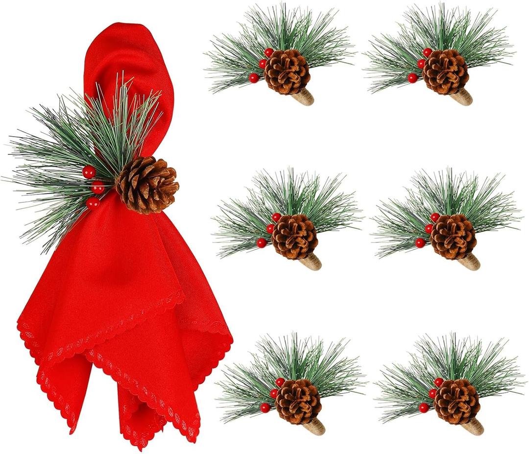 Christmas Pinecone Napkin Rings Set of 6, Green Pine Needle with Red Berry Pinecone Rustic Napkin Rings Jute Buckle for Christmas Thanksgiving Holiday Table Dinner Celebration