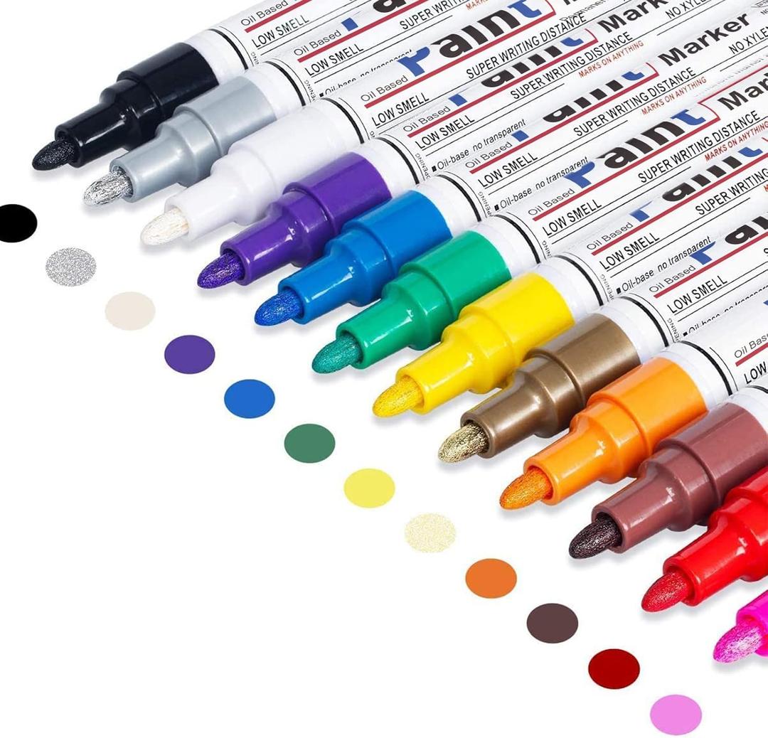 Oil Based Paint Pen, Permanent Paint Marker: Quick-Dry, Waterproof Marker Set of 12 for Rock Painting, Glass, Fabric, Ceramic, Wood, Metal, Mug, Plastic, Stone, Christmas Art Craft Supplies Kit (12 Colors)