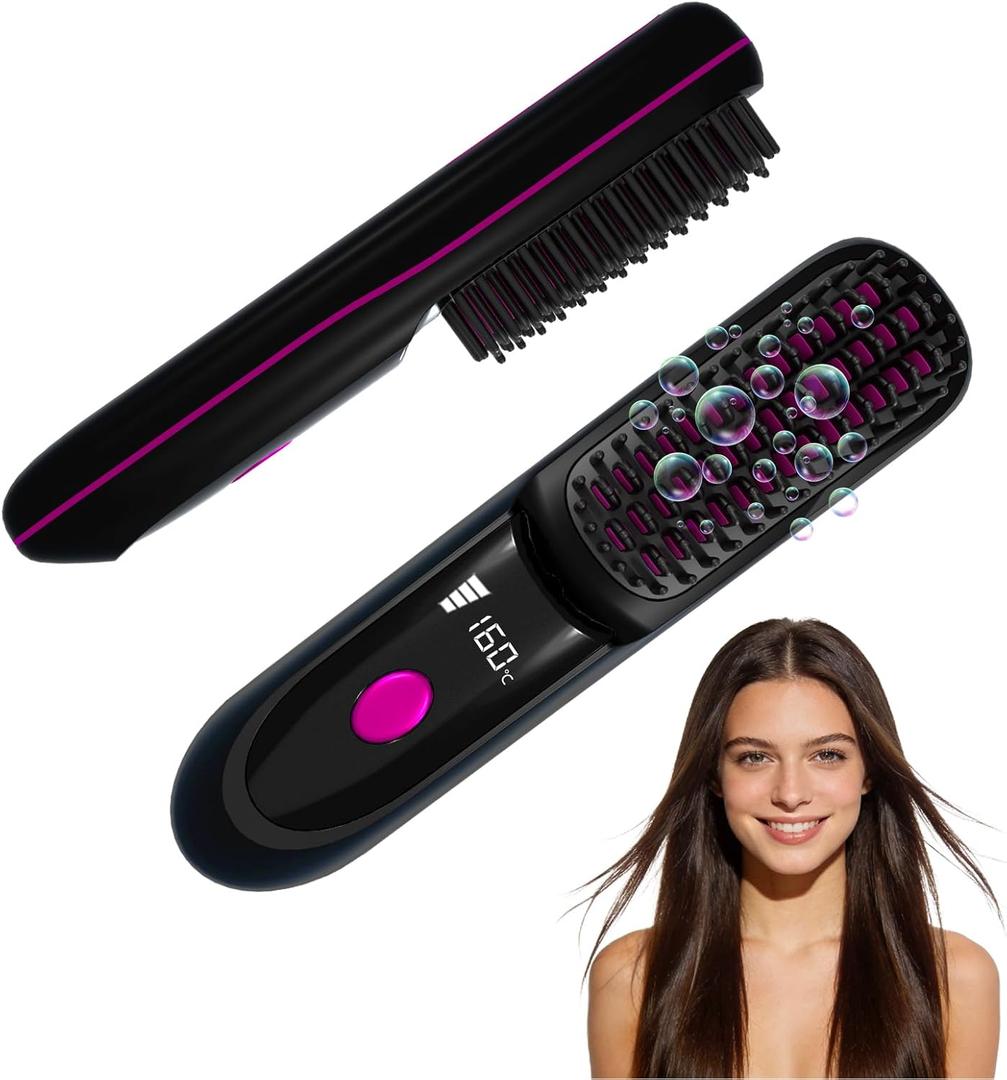 Go Brush Pro 2026, Portable Straightener Brushs for Travel, with LCD Temperature Display, Fast Heating Cordless Mini Hair Brushs (Black)