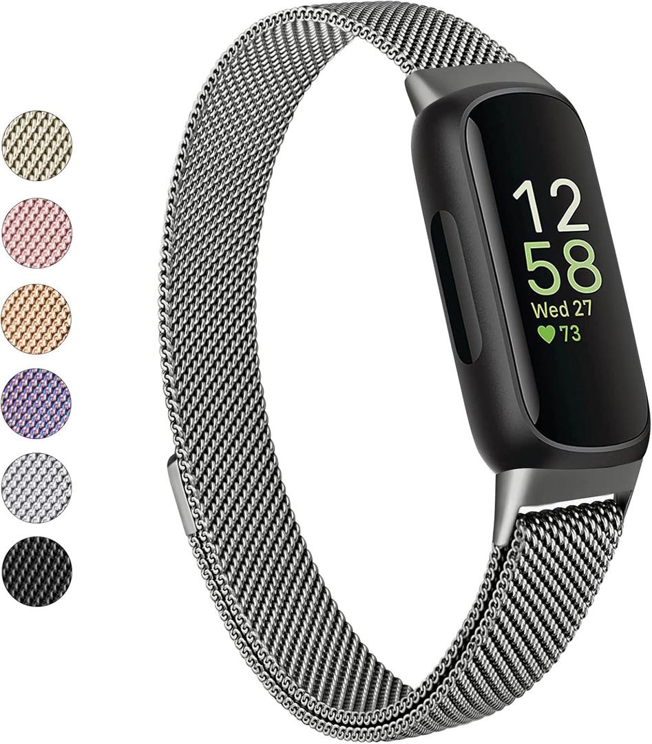 Vanjua for Fitbit Inspire 3 Bands Women Men, Stainless Steel Metal Mesh Loop Adjustable Magnetic Wristband Replacement Straps Compatible with Fitbit Inspire 3 Fitness Tracker (Space Gray)
