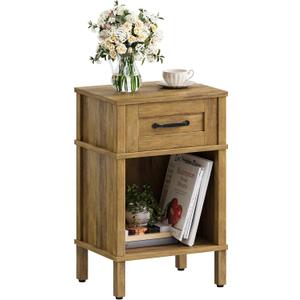 Farmhouse Nightstand with Drawer, Small Wood Bedside Table, Small Rustic Side Table, Modern End Table with Drawer, Wooden Walnut Brown Night Stand for Bedroom LET512DR