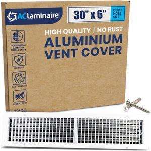 30" x 6" Duct Hole Aluminum Single Deflection Adjustable Air Supply Register, Decorative HVAC Vent Cover, Ceiling & Wall AC Deflector, Heating & Cooling Supply with Multi-Shutter Damper  ACLAMINAIRE