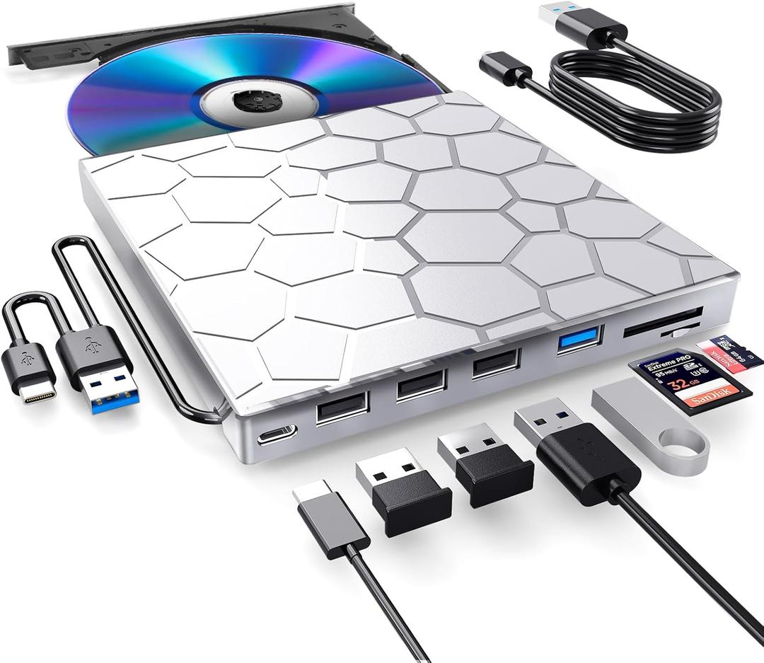 External CD/D1VD Drive for Laptop, DVD Player for Laptop, 8 in 1 USB 3.0 Ultra-Slim Portable (Silver)