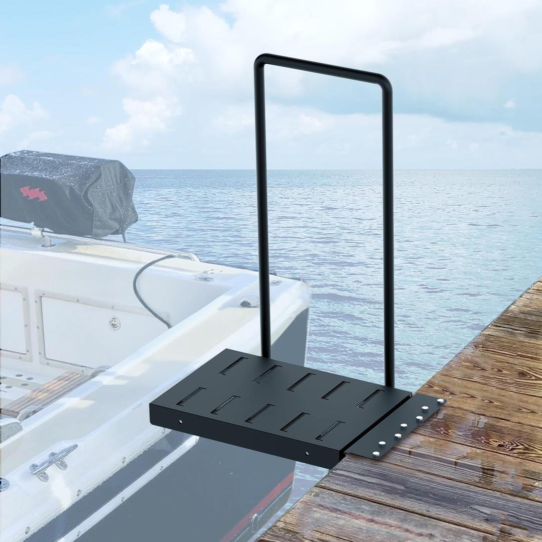 Folding Boat Boarding Platform, Metal Dock Extension Platform with Sturdy Safety Handrail, Black Powder-Coated Boat Boarding Ramp for Easy Boat Access