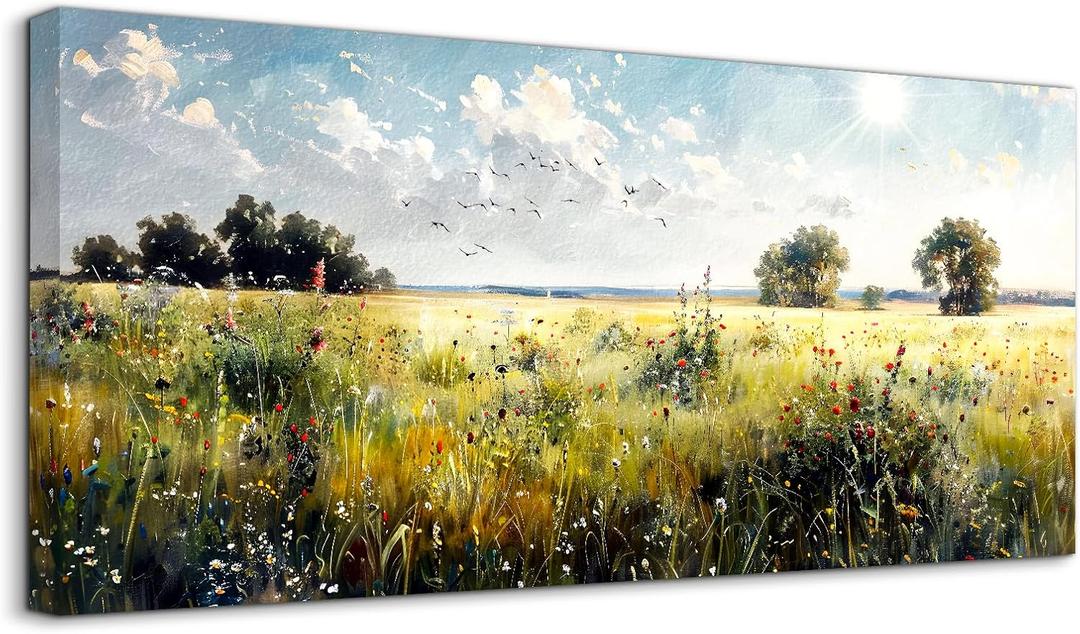 SERIMINO Country Nature Landscape Wall Art, Green Meadow Wildflower Extra Large Canvas Painting, Spring Scenery Aesthetic Rustic Farmhouse Wall Decor Living Room Dining Room Art Prints 29X57 Inch