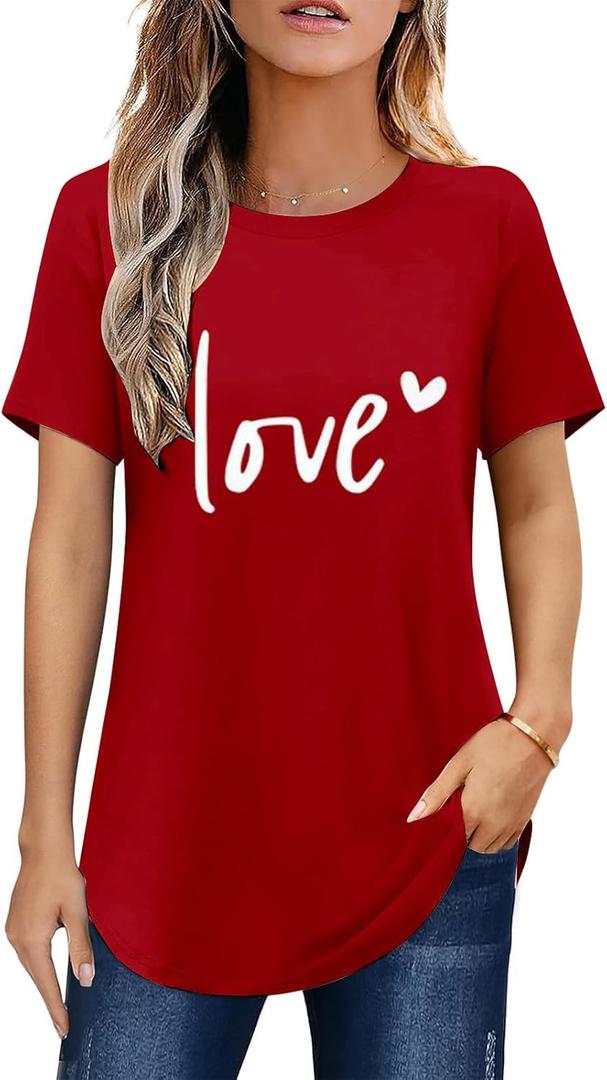 Valentine Shirts for Women Red Love Heart Print Short Sleeve Valentines Day Tops Blouse