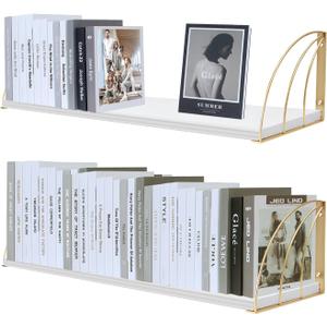 Gold White Shelves Pine Wood 23.5×7.87 Inch Book Shelf for Wall with Elegant Lines,Gold Floating Shelves,White Floating Bookshelf,Long Gold Shelve for Floating Book Shelf Set of 2