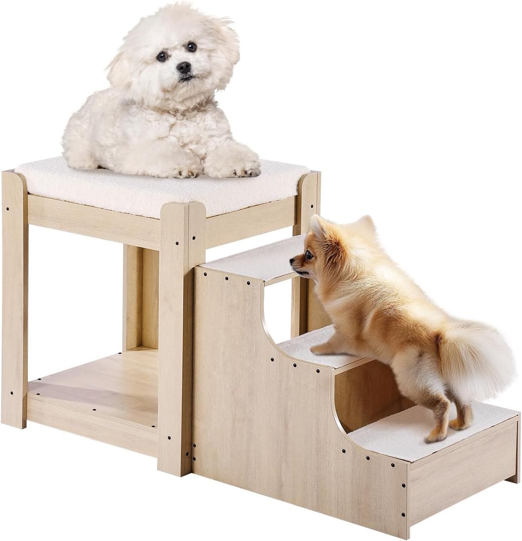 VEVOR Pet Bunk Bed with Stairs, Dog/Cat Window Perch, Multi-Level Bed Window Perch Dog Bedside Sleeper, Lounge Elevated Seat Platform with Foam Cushion,Pet Bed Couch for Bedside Indoor Use (Beige)