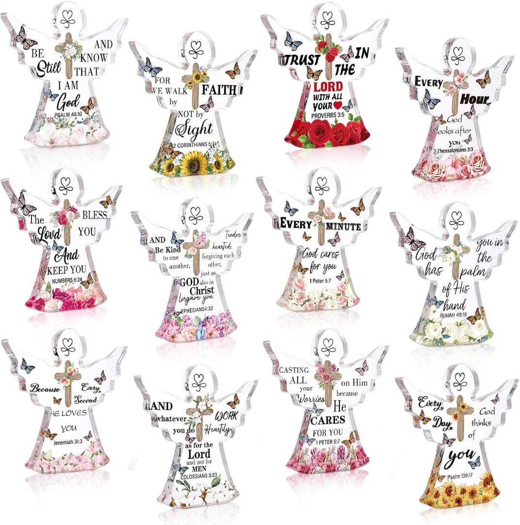 12 Pcs Christian Gifts for Women Thanksgiving Inspirational Gifts Bible Verses Acrylic Religious Office Decor for Home Church Men Women Coworker Religious Gifts (Cross Angel), 4 inches by 4 inches