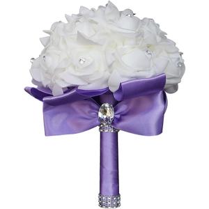 Wedding Bouquet - Crystal Diamond Silk Roses, Bride & Bridesmaid Hand Roses, Artificial Flowers for Wedding Churches & Parties (Purple)