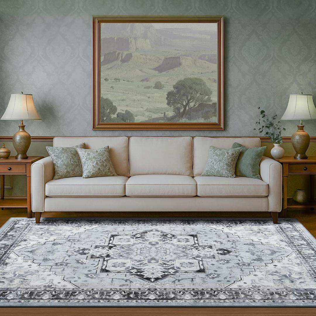 Boho Washable Area Rug 5x7, Spill-Proof Surface, Non-Slip Backin,Low Pile Faux Wool Large Printed Rugs for Living Room,Bedroom, Dining Room, Kitchen Floor, Small Office(Cyan, 5x7)