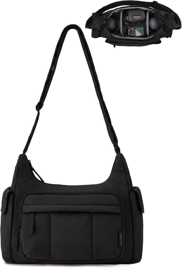 BAGSMART 2 in 1 Puffy Camera Sling Bag for Photographer, Everyday Shoulder Crossbody Bag with Pockets Digital Camera Case for DSLR/Mirrorless, Black